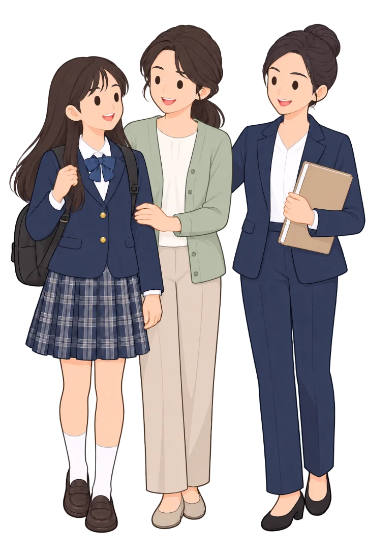 교복 입은 아이와 엄마, 변호사가 함께 학교로 걸어가는 모습